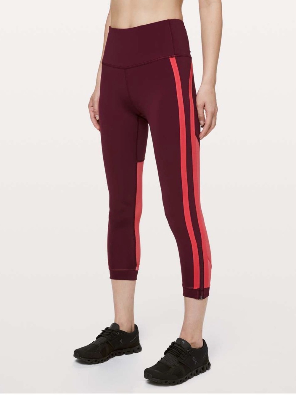 Lululemon Zip The Line Crop leggings in Deep Ruby and Poppy Coral size 4